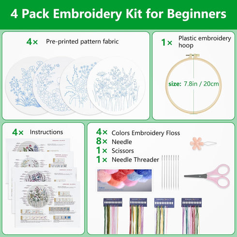 Enkor 4 Sets Embroidery Kit for Beginners Adults, Beginner Embroidery Kit for Adults, Floral Embroidery kit,Embroidery Kit for Beginners Flowers F...