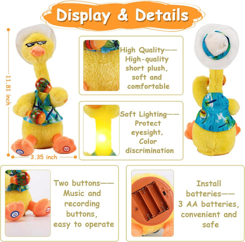 Emoin Dancing Duck Toys,Talking+Singing+Dancing+Recording+Glowing Duck Toy,Mimicking Toy Repeats What You Say Interactive Plush Toy, Glowing Duck ...