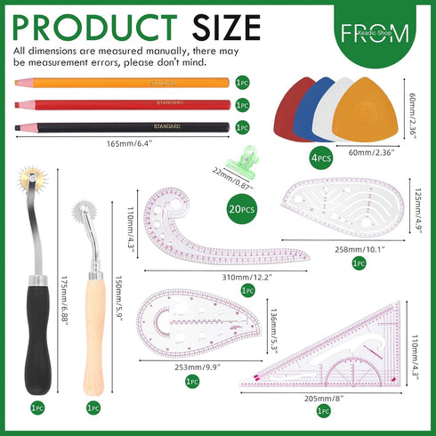 Keadic 33Pcs Clear Metric Sewing Ruler Set Contains French Curve Pattern Making Ruler, Plastic Clips, Triangle Tailors Chalk, 4mm and 2mm Tracing ...