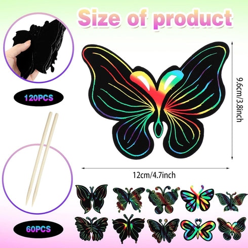 Sratte 120 Pcs Butterfly Scratch Cards 12 Styles Rainbow Spring Scratch Crafts Butterfly Party Favors with 60 Bamboo Stylus Kids' Paper Craft Kits...