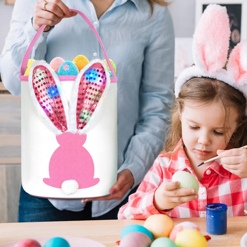 Easter Bunny Baskets with Lights for Baby Girls,Large Pink Kids Easter Bucket Tote with Light up Rabbit Ears for Spring Egg Hunts Party Storage...