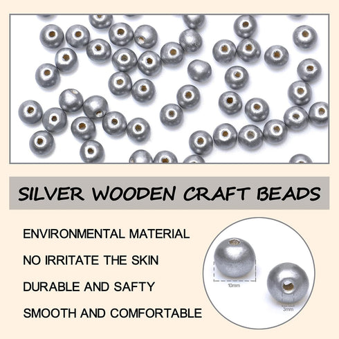 300 Silver Wood Beads, 10mm Round Ball Dyed Wooden Loose Spacer Beads for Bead Crafts Making Home Decor (3mm Hole)...