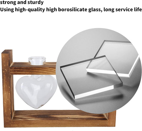 Plant Terrarium with Wooden Stand,Heart Shaped Transparent Glass Vase Flower Pot Hydroponics Plant Propagation Station for Hydroponics Plants Home...