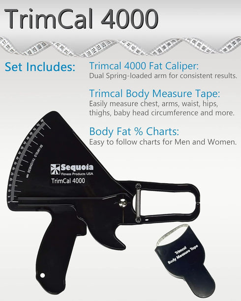 Sequoia Fitness Trimcal 4000 Body Fat Caliper with Body Measure Tape & Fat% Chart (Black & Black)...