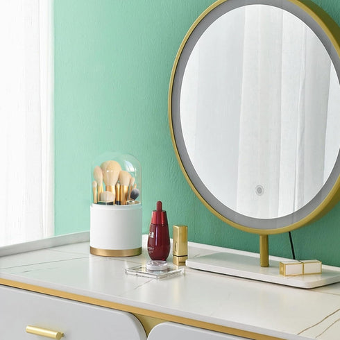 Mkono Covered Makeup Brush Holder Organizer with Glass Lid Premium Leather Make Up Brushes Cup with Dustproof Cover for Vanity Desktop Countertop ...