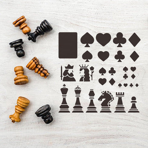 Playing Cards Chess Stencils Hearts Clubs Diamonds Spades Stencil 11.8×11.8inch International Chess Pieces Drawing Stencil with Paint Brush for Ar...