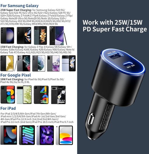 USB C Car Charger for iPhone 15 Pro Max 14 13 Samsung S24 Ultra S23 FE A53 A54 Fast Charging Type C Cable 3ft PD 25W QC 15W USB C to USB C Cable C...