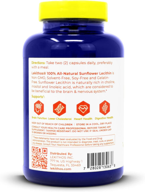 100% All-Natural Sunflower Lecithin Capsules - 120 Count - Rich in Phosphatidyl Choline - Cold Pressed (Solvent Free) - Non-GMO Project Verified -...