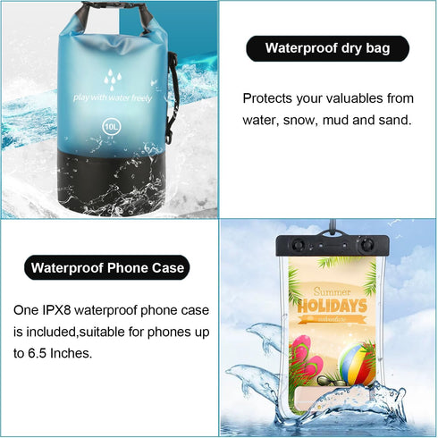 Waterproof Dry Bag,5L/10L/20L Roll Top Lightweight Dry Storage Bag Backpack with Waterproof Phone Case for Travel,Swimming,Boating,Kayaking,Fishin...