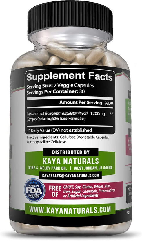 Kaya Naturals - Resveratrol Capsules - Anti Aging Supplement - Antioxidants with Brain Support - Maximum Benefits - 60 Veggies Capsules...