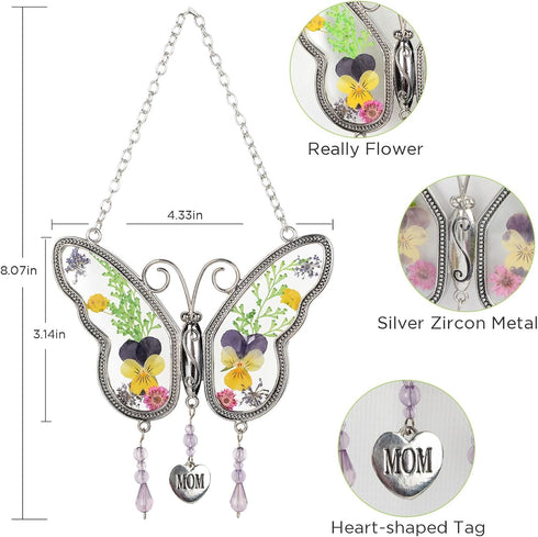 Butterfly Gifts for Mom Mother Real Flowers Wind Chimes Indoor Room Decor Unique Birthdays Gifts for Mom Christmas Butterfly Gift for Women Blue F...