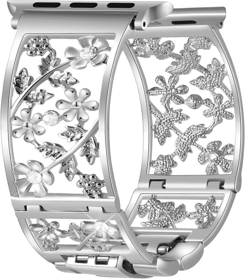 Floral Band Compatible with Apple Watch Jewelry Band 38mm 40mm 41mm 42mm iWatch Bands Series 10 9 8 7 SE,Bling Crystal Bracelet Hollow Metal Strap...