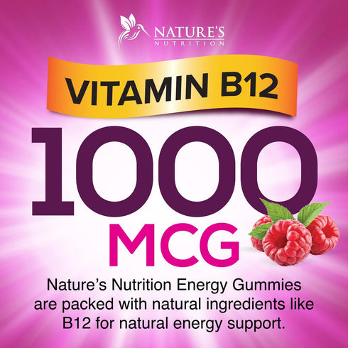 Energy Gummies Vitamin B12, Green Tea & Natural Caffeine, Extra Strength 1000 mcg Daily Energy Vitamins, Delicious Raspberry Flavor Gummy Chewable...