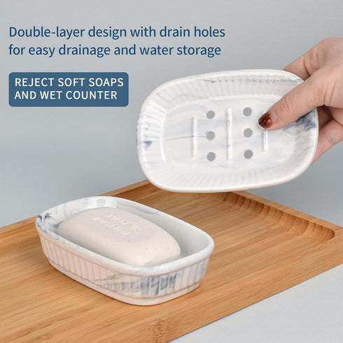 Ceramic Soap Dish, Self-draining Soap Holder, Double Layer Bar Soap Holder Marble Blue, Draining Soap Dishes for Bathroom Shower Kitchen, Easy to ...