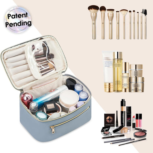 Wandering Nature Makeup Bag, Travel Make Up Organizer Cosmetic Brush Bags Case for Women in Eco Vegan Leather, Grayish Blue(Patent Pending)...