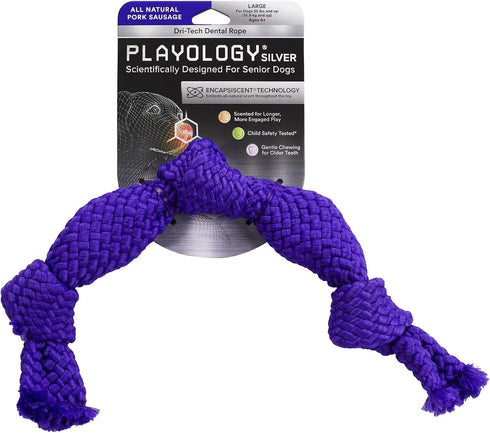 Playology Silver Dri-Tech Dental Rope Dog Toy for Large Senior Dogs (35lbs and Up) - Engaging All-Natural Pork Sausage Scented Dog Chew Toy - Non-...