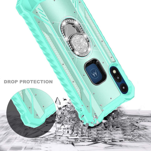 Moto E 2020 Case with Screen Protector (Tempered Glass Full Coverage), Aluminum Magnetic Metal Built-in Diamond Ring Holder Stand, Full-Body Prote...