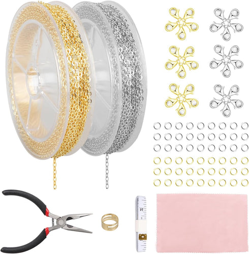 Fesorsi 60ft Steel Chain for Jewelry Making, Plated Chains 2 Rolls Extender Link with Lobster Clasps Jump Rings and Plier, DIY Chains Bulk Making ...