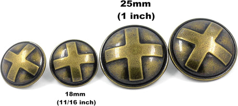 Bezelry Cross Domed Antique Brass Metal Shank Buttons. Blazer Button Set. 3 Pcs of 25mm, 8 Pcs of 18mm...