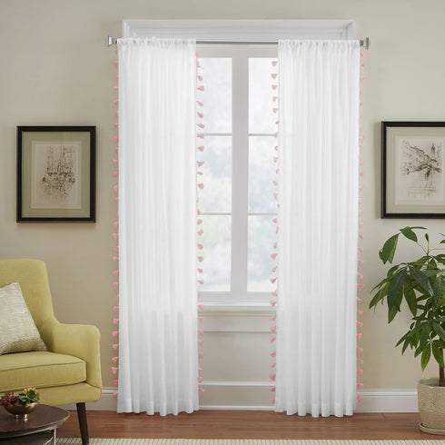 Elrene Home Fashions Bianca Boho Semi-Sheer White Cotton Rod-Pocket Window Curtain Panel with Colorful Side Tassels, 52 inches by 84 inches, Blush...