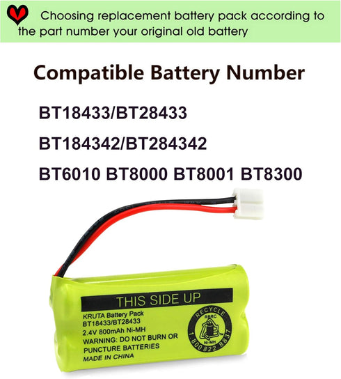 Kruta BT18433 BT28433 2.4V 800mAh Ni-MH Cordless Phone Battery Pack Compatible with BT18433/BT28433 CS6219 CS6229 DS6301 DS6151 DS6101 BT184342 BT...