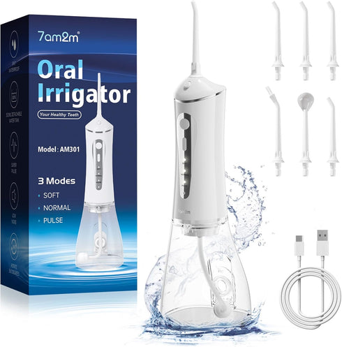 7AM2M Water Dental Flosser Cordless for Teeth,300ML Rechargeable Travel Portable Cleaner,with 6 Jet Tips and 3 Modes,IPX7 Waterproof Water Dental ...