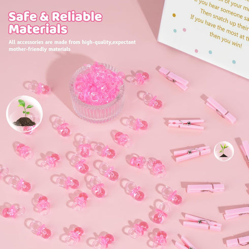 Don't Say Baby Shower Clothespin Game for Girl Includes 8x11 Standing Sign, 60 Mini Pink Clothes Pin, 60 Mini Pacifiers...