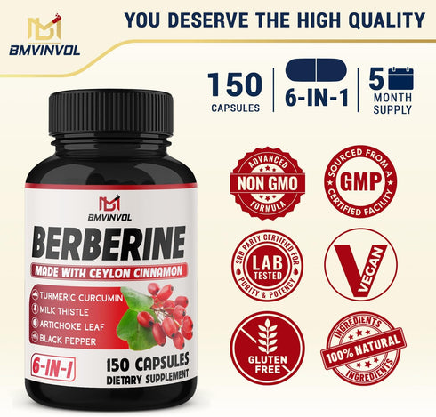 150 Capsules Berberine Supplement with Ceylon Cinnamon, Turmeric, Milk Thistle, Artichoke, and Black Pepper - 5 Month Supply...
