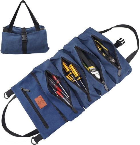 Roll Up Tool Bag, 16OZ Canvas Wrench Roll Up Pouch Multi-Purpose Tool Roll Organize, 5 Zippered Tool Pockets (Blue)...