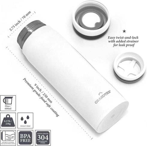 GrandTies Lightweight Travel Water Bottle with Strainer- 20oz Vacuum Insulated Water Bottles for Men & Women, Double Walled Metal Canteen, Keep Yo...
