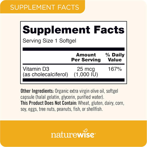 NatureWise Vitamin D3 1000iu (25 mcg) 1 Month Supply for Healthy Muscle Function, Bone Health and Immune Support, Non-GMO, Gluten Free in Cold-Pre...