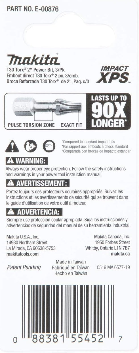 Makita E-00876 Impact XPS™ T30 Torx 2" Power Bit, 3/pk...