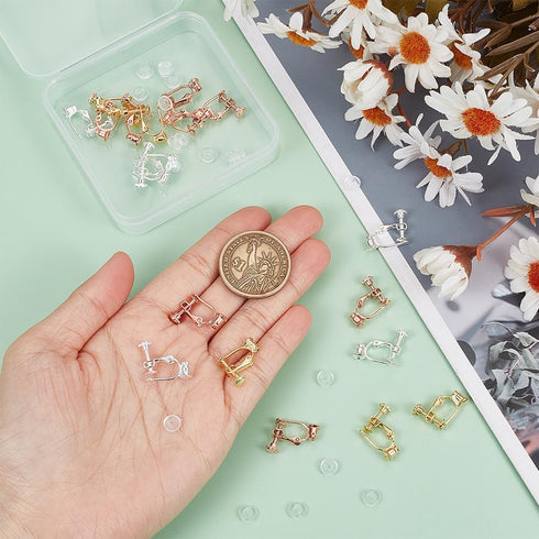 1 Box 24Pcs Screw Back Earring Converter Silver Earrings Clip Back Brass Painless Real 18k Gold Plated Earring Clip with Pad Non Pierced Earring F...