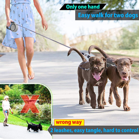 Double Retractable Dog Leash for Two Dogs Up to 50 lbs Per Dog - 16 ft Coupler Dog Leashes for Small Medium Dogs - One Locked System, Non Slip Gri...