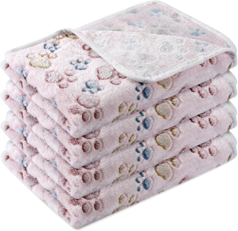 4 Pcs Pet Blanket Dog Puppy Blanket Paw Print Fleece Blanket for Small Medium Pet Dog Cat Warm Soft Sleep Mat Guinea Pig Cage Liners Blanket (Beig...