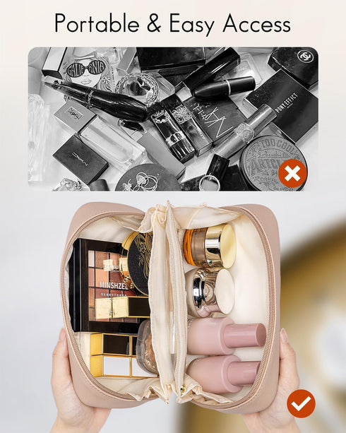 Vlando Small Makeup Pouch,Travel Makeup Bag PU Leather Wide-open Makeup Pouch for Purse Makeup Brush Holder-Milk Tea...