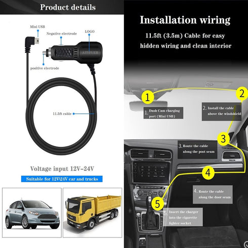 Dash Cam Charger Cable GPS Navigator Power Cord for Dash Cam GPS MP3 Player GPS Navigator Charging for 12V Car and 24V Truck Car Power Adapter Cab...