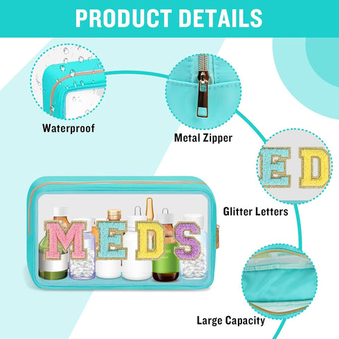 Clear Letter Patch Medicine Bag Drugs Pouch with Zipper, Travel Portable Cosmetic Makeup Bag for Women Girls, Waterproof Nylon PVC Toiletry Meds S...