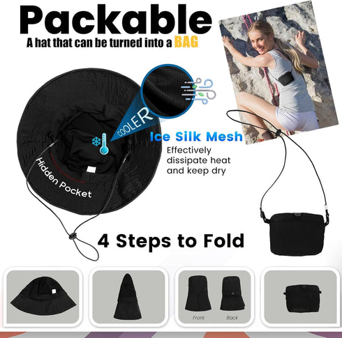 Waterproof Packable Sun Bucket Hat UPF 50+ UV Protection for Men Women Foldable Fishing Hiking Hats Black...