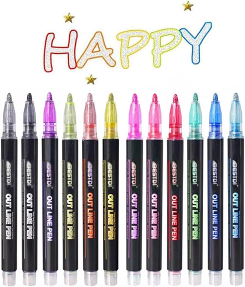 Super Squiggles Outline Markers Set, 12 Colors Shimmer Marker Set, Double Line Markers Outline Pens Metallic Markers Pens for Christmas Card Writi...