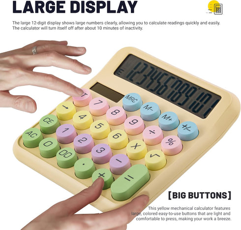 Calculators Desktop, Beige Mechanical Calculator, Cute Calculator 12 Digit Desk Basic Calculator Large Display, Dual Power Solar Battery, Office H...