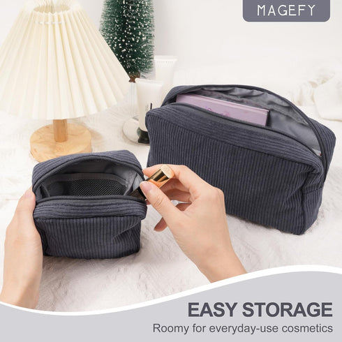 MAGEFY Makeup Bag 2 Pcs Corduroy Cosmetic Bag Mini Big Makeup Bags for Women Travel Pouch with Slip-in Pockets Eco?Black?...