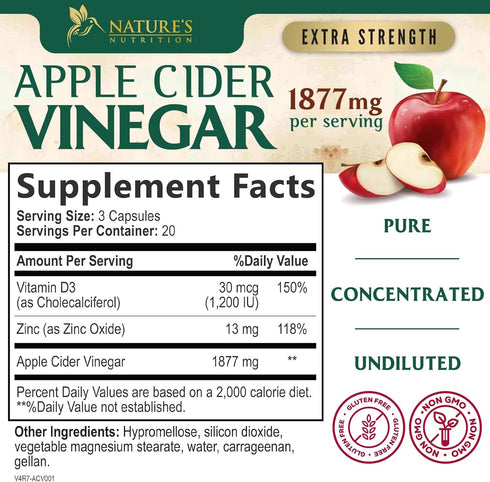Apple Cider Vinegar Capsules 1877mg - Extra Strength Detox & Cleanse with Vitamin D & Zinc - Premium ACV Pills with Joint Natural Digestion & Immu...