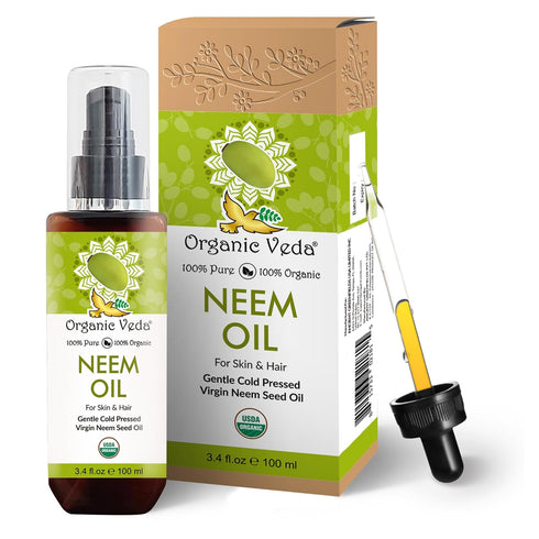 Organic Veda Neem Oil - Pure, Cold Pressed & Organic Neem Oil for Skin, Hair, Face, Body, Scalp - Natural Moisturizer, Virgin Neem seed oil - Rich...
