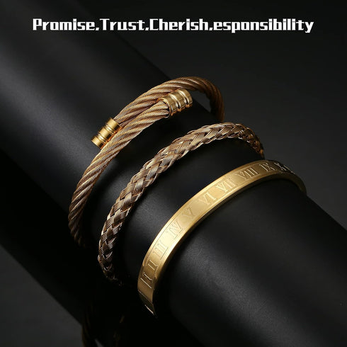 YADOCA 3Pcs Stainless Steel Bracelets for Men Roman Numeral Bangle Bracelet Adjustable Cuff Bracelet Twisted Cable Bracelet Mens Luxury Bracelets ...