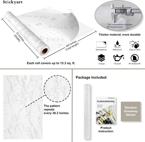 Stickyart White Grey Marble Wallpaper Matte Self Adhesive Faux Marble Wall Paper Sticker Pull and Stick Thick Granite Look Contact Paper Removable...