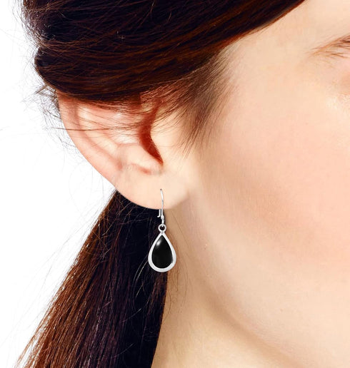 AeraVida Elegant Teardrops of Simulated Black Onyx Stone Inlay .925 Sterling Silver Dangle Earrings | Black Onyx Earrings | Silver Teardrop Dangle...