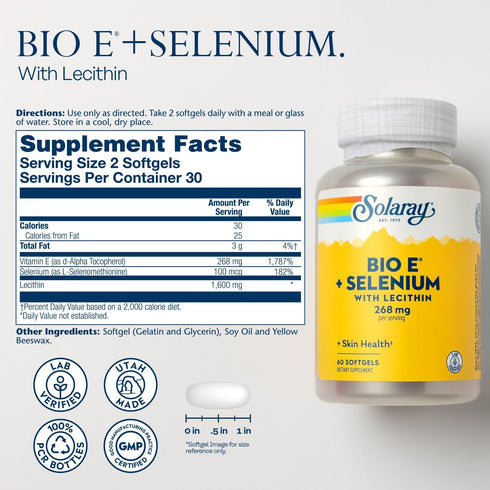 Bio Vitamin E 400 IU (268 mg) with Selenium 100 mcg and Lecithin - Thyroid Support, Antioxidant and Immune Support Supplement, High Absorption, La...