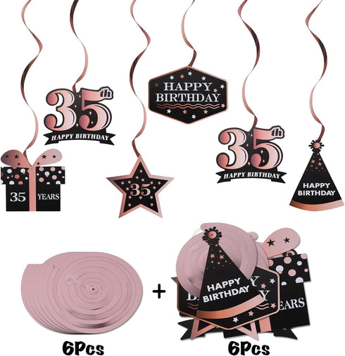 LINGTEER Happy 35th Birthday Decorations - 12 Pcs Birthday Black & Rose Gold Foil Swirls Streamer Set,Cheers to 35 Years Old Bday Party Gift Decor...