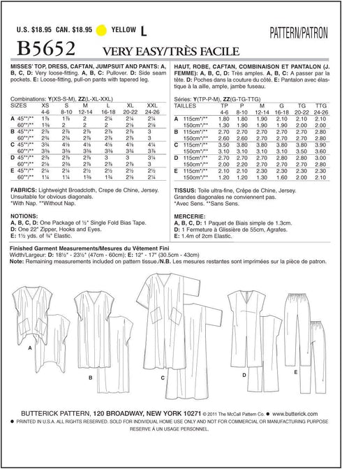 BUTTERICK PATTERNS B5652 Misses' Top, Dress, Caftan, Jumpsuit and Pants, Size ZZ (LRG-XLG-XXL)...